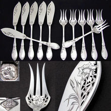 Load image into Gallery viewer, Antique French Sterling Silver 24pc Flatware Set Art Nouveau Pierced Fork & Knife Fish Service