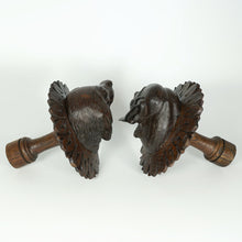 Load image into Gallery viewer, Pair Antique Victorian Black Forest Carved Wood Dog Head Curtain Tiebacks Holdbacks
