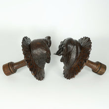 Load image into Gallery viewer, Pair Antique Victorian Black Forest Carved Wood Dog Head Curtain Tiebacks Holdbacks