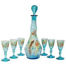 Load image into Gallery viewer, Antique Black Forest Carved Wood Bear Liquor Caddy Tantalus Enameled Blue Glass Decanter & Cordials Set