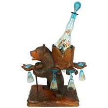 Load image into Gallery viewer, Antique Black Forest Carved Wood Bear Liquor Caddy Tantalus Enameled Blue Glass Decanter & Cordials Set