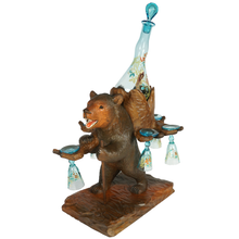 Load image into Gallery viewer, Antique Black Forest Carved Wood Bear Liquor Caddy Tantalus Enameled Blue Glass Decanter & Cordials Set