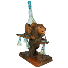 Load image into Gallery viewer, Antique Black Forest Carved Wood Bear Liquor Caddy Tantalus Enameled Blue Glass Decanter & Cordials Set