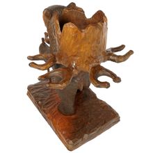 Load image into Gallery viewer, Antique Black Forest Carved Wood Bear Liquor Caddy Tantalus Enameled Blue Glass Decanter & Cordials Set