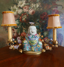 Load image into Gallery viewer, French Chinoiserie Porcelain Gilt Bronze Table Lamp Famille Rose Buddha