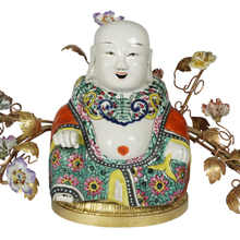 Load image into Gallery viewer, French Chinoiserie Bronze Boudoir Lamp Famille Rose Porcelain Buddha, Hand Painted Flowers