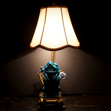 Load image into Gallery viewer, French Chinoiserie Gilt Bronze Lamp Porcelain Foo Dog Turquoise Blue Glaze
