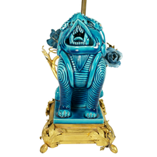 Load image into Gallery viewer, French Chinoiserie Gilt Bronze Lamp Porcelain Foo Dog Turquoise Blue Glaze