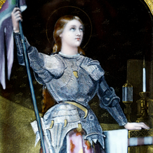 Load image into Gallery viewer, Antique French Limoges Enamel on Copper Portrait Plaque of Joan of Arc