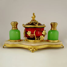 Load image into Gallery viewer, Antique French Green Opaline Perfume Bottles Cranberry Glass Box Palais Royal Caddy Vanity Stand Grand Tour Eglomise Portraits
