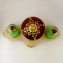 Load image into Gallery viewer, Antique French Green Opaline Perfume Bottles Cranberry Glass Box Palais Royal Caddy Vanity Stand Grand Tour Eglomise Portraits