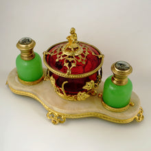 Load image into Gallery viewer, Antique French Green Opaline Perfume Bottles Cranberry Glass Box Palais Royal Caddy Vanity Stand Grand Tour Eglomise Portraits