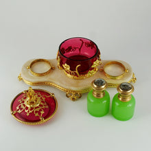 Load image into Gallery viewer, Antique French Green Opaline Perfume Bottles Cranberry Glass Box Palais Royal Caddy Vanity Stand Grand Tour Eglomise Portraits