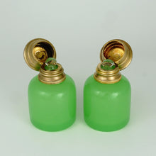 Load image into Gallery viewer, Antique French Green Opaline Perfume Bottles Cranberry Glass Box Palais Royal Caddy Vanity Stand Grand Tour Eglomise Portraits