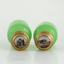 Load image into Gallery viewer, Antique French Green Opaline Perfume Bottles Cranberry Glass Box Palais Royal Caddy Vanity Stand Grand Tour Eglomise Portraits
