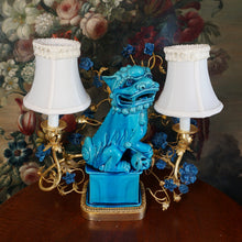Load image into Gallery viewer, French Chinoiserie Gilt Bronze Lamp Porcelain Foo Dog Turquoise Blue Glaze