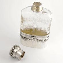 Load image into Gallery viewer, French Sterling Silver Liquor Whiskey Hip Flask Floral Engraved Glass