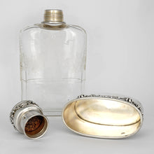 Load image into Gallery viewer, French Sterling Silver Liquor Whiskey Hip Flask Floral Engraved Glass