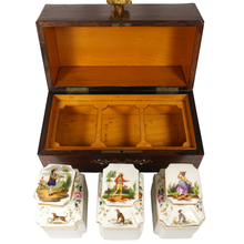 Load image into Gallery viewer, Antique French Rosewood Tea Caddy Box, Hand Painted Paris Porcelain Bottles