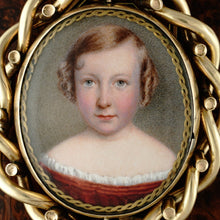 Load image into Gallery viewer, Antique Victorian 10K Gold Swivel Brooch, Miniature Portrait Painting of a Girl, Hair Art Memento Locket, Dated 1859