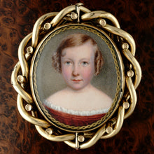 Load image into Gallery viewer, Antique Victorian 10K Gold Swivel Brooch, Miniature Portrait Painting of a Girl, Hair Art Memento Locket, Dated 1859
