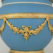 Load image into Gallery viewer, Antique Wedgwood Blue Jasperware Cache Pot Vase Gilt Bronze Mounts