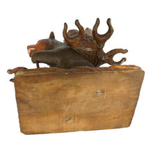 Load image into Gallery viewer, Antique Black Forest Carved Wood Bear Liquor Caddy Tantalus Enameled Blue Glass Decanter & Cordials Set