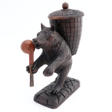Load image into Gallery viewer, Antique Carved Wood Bear Pipe Holder Black Forest Style Tobacco Humidor Jar