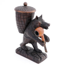 Load image into Gallery viewer, Antique Carved Wood Bear Pipe Holder Black Forest Style Tobacco Humidor Jar
