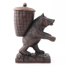 Load image into Gallery viewer, Antique Carved Wood Bear Pipe Holder Black Forest Style Tobacco Humidor Jar