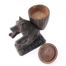 Load image into Gallery viewer, Antique Carved Wood Bear Pipe Holder Black Forest Style Tobacco Humidor Jar