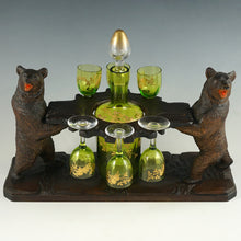 Load image into Gallery viewer, Antique Black Forest Carved Wood Liquor Tantalus Pair of Twin Bears Hand Painted Raised Enamel Decanter & Cordial Glasses Set