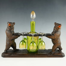 Load image into Gallery viewer, Antique Black Forest Carved Wood Liquor Tantalus Pair of Twin Bears Hand Painted Raised Enamel Decanter & Cordial Glasses Set