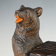 Load image into Gallery viewer, Antique Black Forest Carved Wood Liquor Tantalus Pair of Twin Bears Hand Painted Raised Enamel Decanter & Cordial Glasses Set