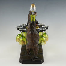 Load image into Gallery viewer, Antique Black Forest Carved Wood Liquor Tantalus Pair of Twin Bears Hand Painted Raised Enamel Decanter & Cordial Glasses Set