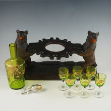 Load image into Gallery viewer, Antique Black Forest Carved Wood Liquor Tantalus Pair of Twin Bears Hand Painted Raised Enamel Decanter & Cordial Glasses Set