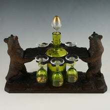 Load image into Gallery viewer, Antique Black Forest Carved Wood Liquor Tantalus Pair of Twin Bears Hand Painted Raised Enamel Decanter & Cordial Glasses Set