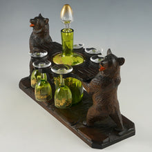 Load image into Gallery viewer, Antique Black Forest Carved Wood Liquor Tantalus Pair of Twin Bears Hand Painted Raised Enamel Decanter & Cordial Glasses Set
