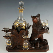 Load image into Gallery viewer, Antique Black Forest Carved Wood Bear Liquor Tantalus Glass Wine Decanter Set