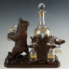 Load image into Gallery viewer, Antique Black Forest Carved Wood Bear Liquor Tantalus Glass Wine Decanter Set