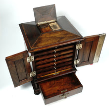 Load image into Gallery viewer, Antique Victorian Wood Cigar Cabinet, Table Top Display Presenter Box, Double Door, Drawer & Hidden Match Striker