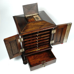 Antique Victorian Wood Cigar Cabinet, Table Top Display Presenter Box, Double Door, Drawer & Hidden Match Striker
