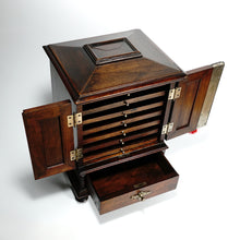 Load image into Gallery viewer, Antique Victorian Wood Cigar Cabinet, Table Top Display Presenter Box, Double Door, Drawer & Hidden Match Striker