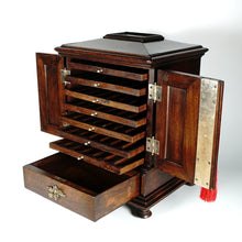 Load image into Gallery viewer, Antique Victorian Wood Cigar Cabinet, Table Top Display Presenter Box, Double Door, Drawer & Hidden Match Striker