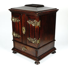 Load image into Gallery viewer, Antique Victorian Wood Cigar Cabinet, Table Top Display Presenter Box, Double Door, Drawer & Hidden Match Striker