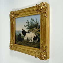 Load image into Gallery viewer, Victorian Oil Painting of a Cow &amp; Calf, Dated 1854, Pastoral Farm Scene

