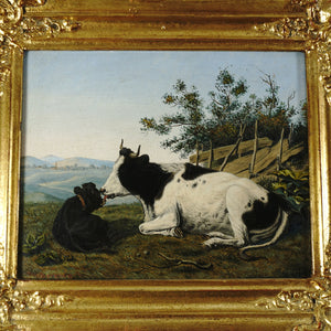 Victorian Oil Painting of a Cow & Calf, Dated 1854, Pastoral Farm Scene