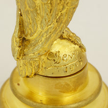Load image into Gallery viewer, Antique French Gilt Bronze Owl Wax Seal Desk Stamp, with Stand Holder, Signed & Dated 1909
