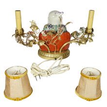Load image into Gallery viewer, French Chinoiserie Bronze Boudoir Lamp Famille Rose Porcelain Buddha, Hand Painted Flowers