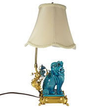 Load image into Gallery viewer, French Chinoiserie Gilt Bronze Lamp Porcelain Foo Dog Turquoise Blue Glaze